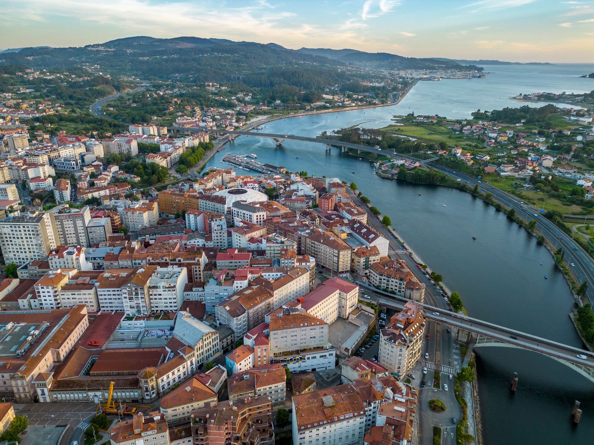 Aerial drone point of view of Pontevedra city at sunset. Famous travel destination